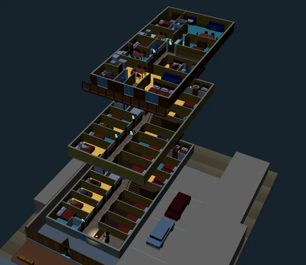 Captura de la maqueta 3D del hostal: los tres pisos abiertos como cajones